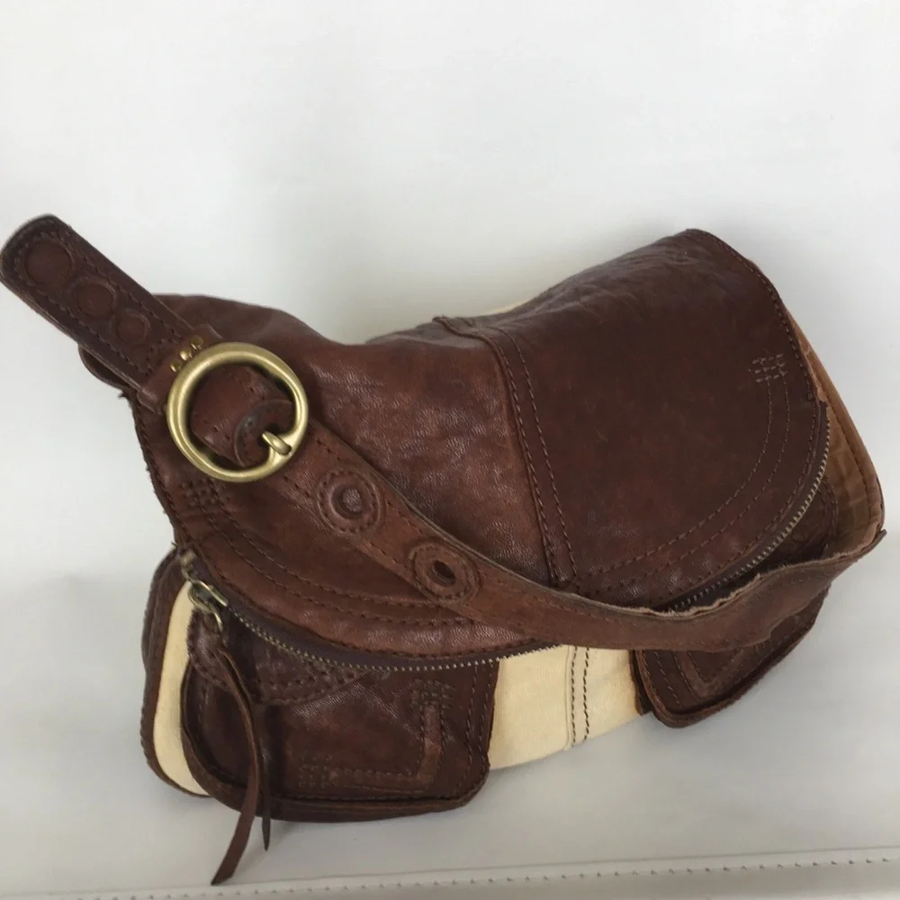 Lucky Brand Italian Leather & Canvas Shoulder Bag Brown Tan Hobo Bag Purse